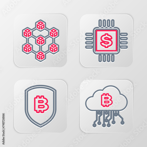 Set line Cryptocurrency cloud mining, Shield with bitcoin, Processor chip dollar and Blockchain technology icon. Vector