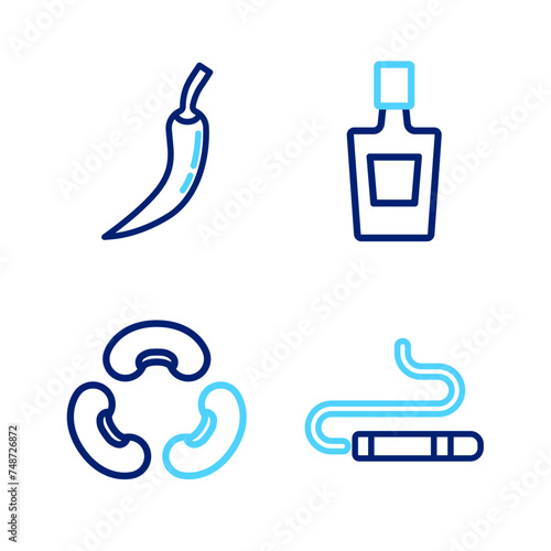 Set line Cigar, Beans, Tequila bottle and Hot chili pepper pod icon. Vector