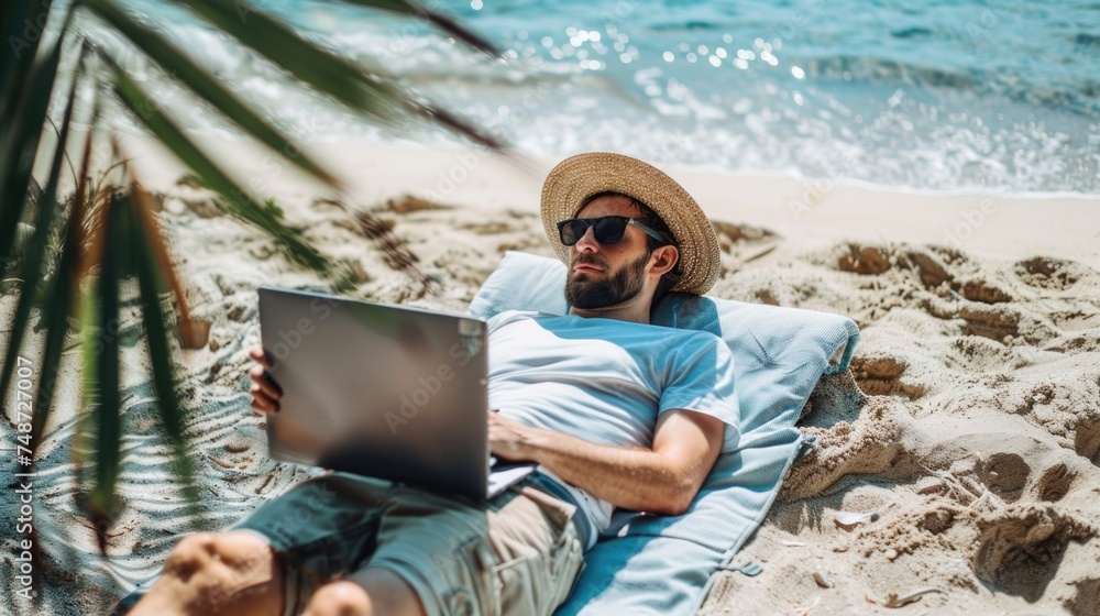 A man with a laptop on the beach near the sea. Remote work. Freelancing.
