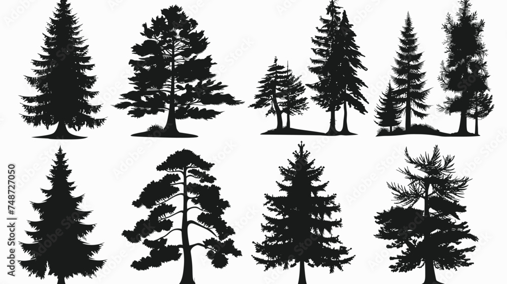 The dark outline of a forest's deciduous and coniferous fir trees vector silhouettes isolated in side view with a thick outline set  