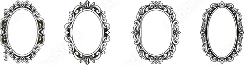 Set of oval vintage frames with classic engraving ornament. Swirl, flourish, victorian, damask, arabesque, filigree floral element border frame collection vector illustration