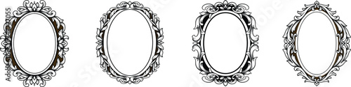 Set of black and white oval vintage frames with classic engraving ornament. Swirl, flourish, victorian, damask, arabesque, filigree floral element border frame collection vector illustration