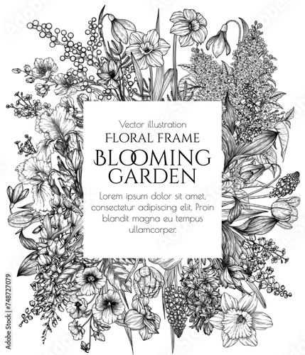 Vector frame of spring flowers and flowering trees. Snowdrops, crocuses, brunnera, tulips, muscari, hyacinths, irises, daffodil, pansies, lily of the valley, lilac, mimosa, wisteria
