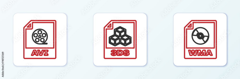 Set line WMA file document, AVI and 3DS icon. Vector Set line WMA file document, AVI and 3DS icon. Vector