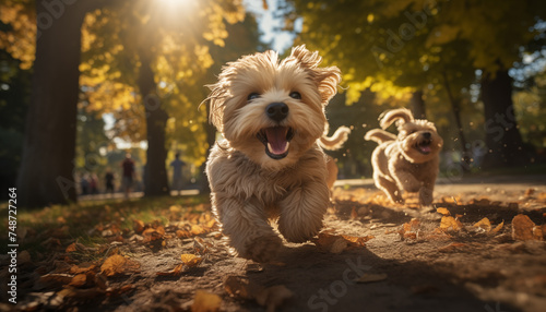 happy little dogs running in the park.