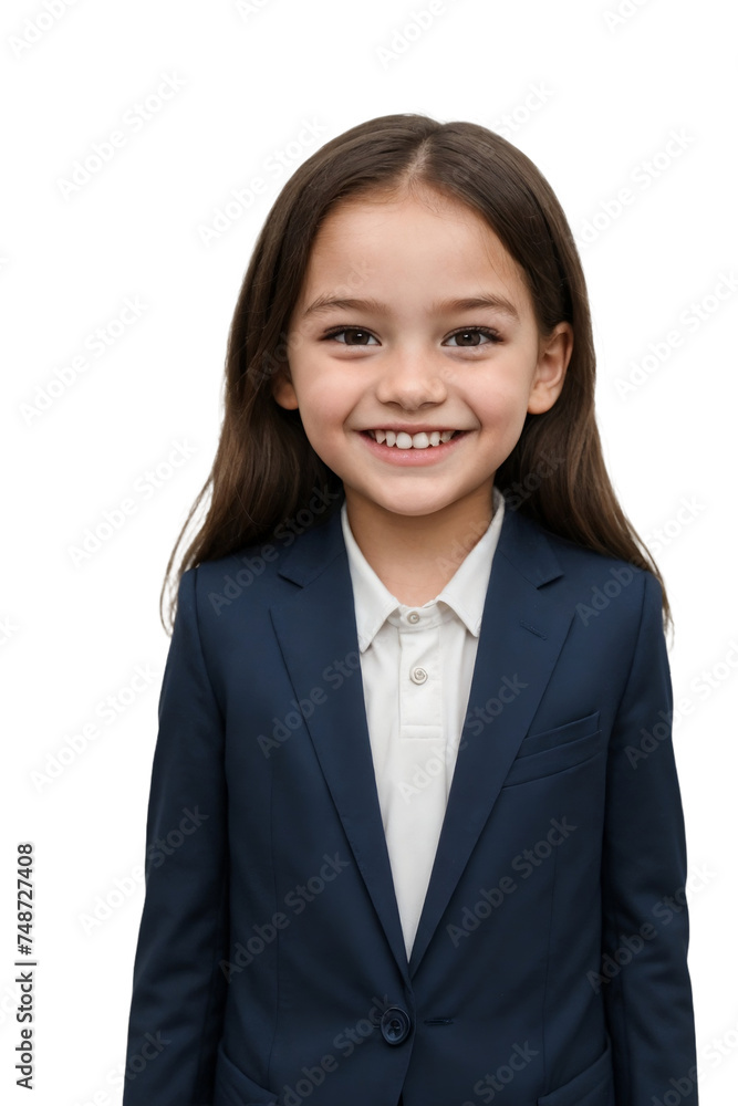 Young girl wearing a dark blue business suit, smiling and looking at the camera, isolated, transparent background, no background. PNG. Young girl wearing a dark blue business suit, smiling and looking at the camera, isolated, transparent background, no background. PNG.