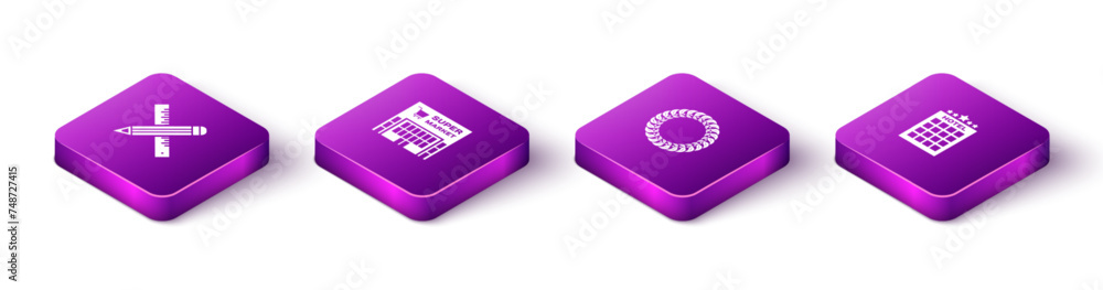 Set Isometric Crossed ruler and pencil, Supermarket building, Laurel wreath and Hotel icon. Vector Set Isometric Crossed ruler and pencil, Supermarket building, Laurel wreath and Hotel icon. Vector