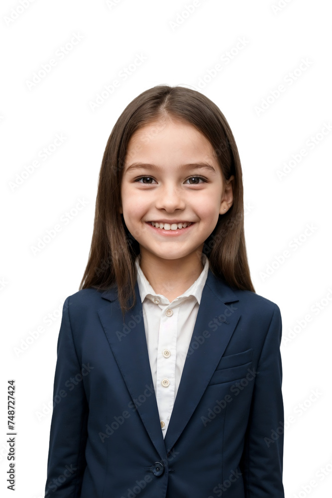 Young girl wearing a dark blue business suit, smiling and looking at the camera, isolated, transparent background, no background. PNG. Young girl wearing a dark blue business suit, smiling and looking at the camera, isolated, transparent background, no background. PNG.