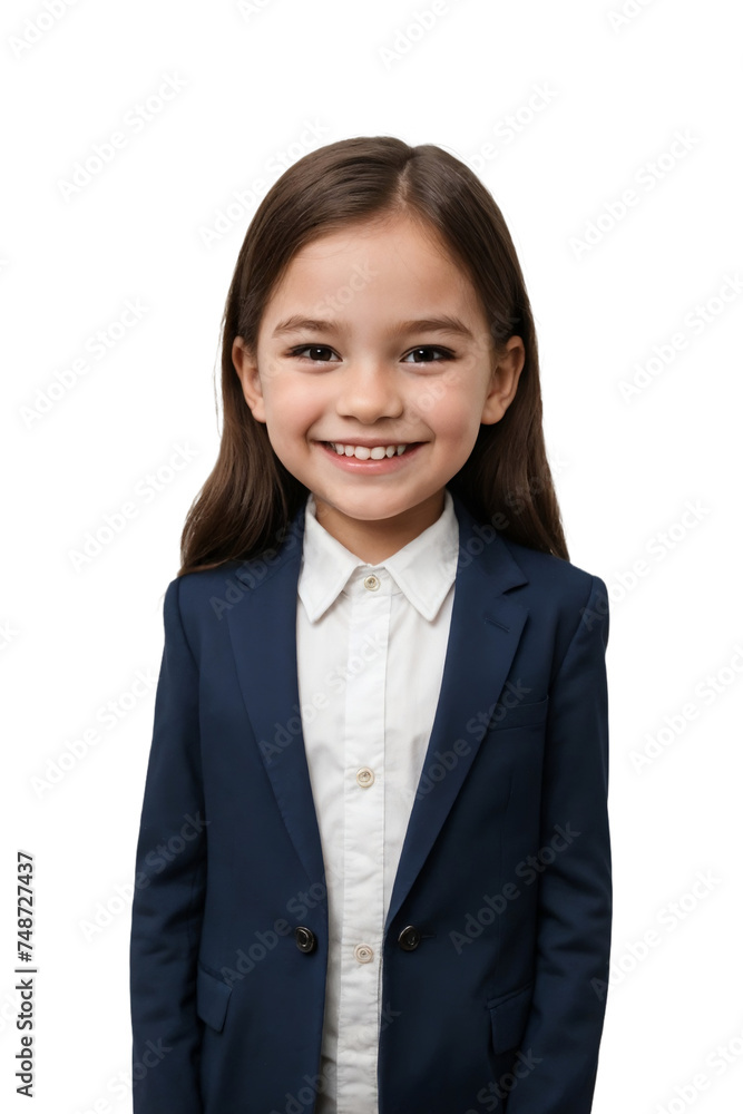 Young girl wearing a dark blue business suit, smiling and looking at the camera, isolated, transparent background, no background. PNG. Young girl wearing a dark blue business suit, smiling and looking at the camera, isolated, transparent background, no background. PNG.