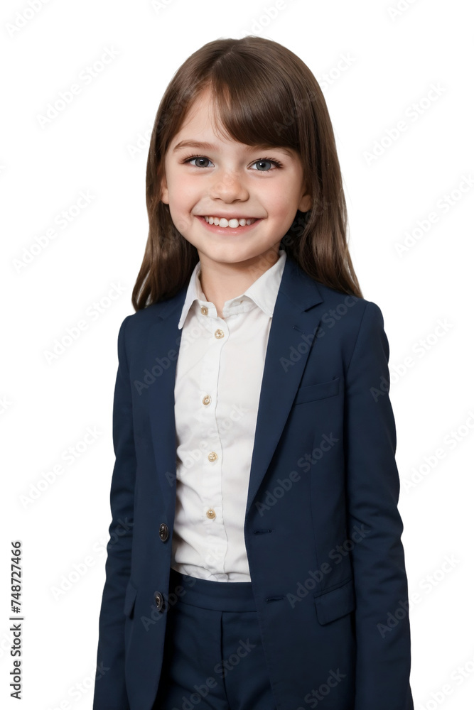 Young girl wearing a dark blue business suit, smiling and looking at the camera, isolated, transparent background, no background. PNG. Young girl wearing a dark blue business suit, smiling and looking at the camera, isolated, transparent background, no background. PNG.
