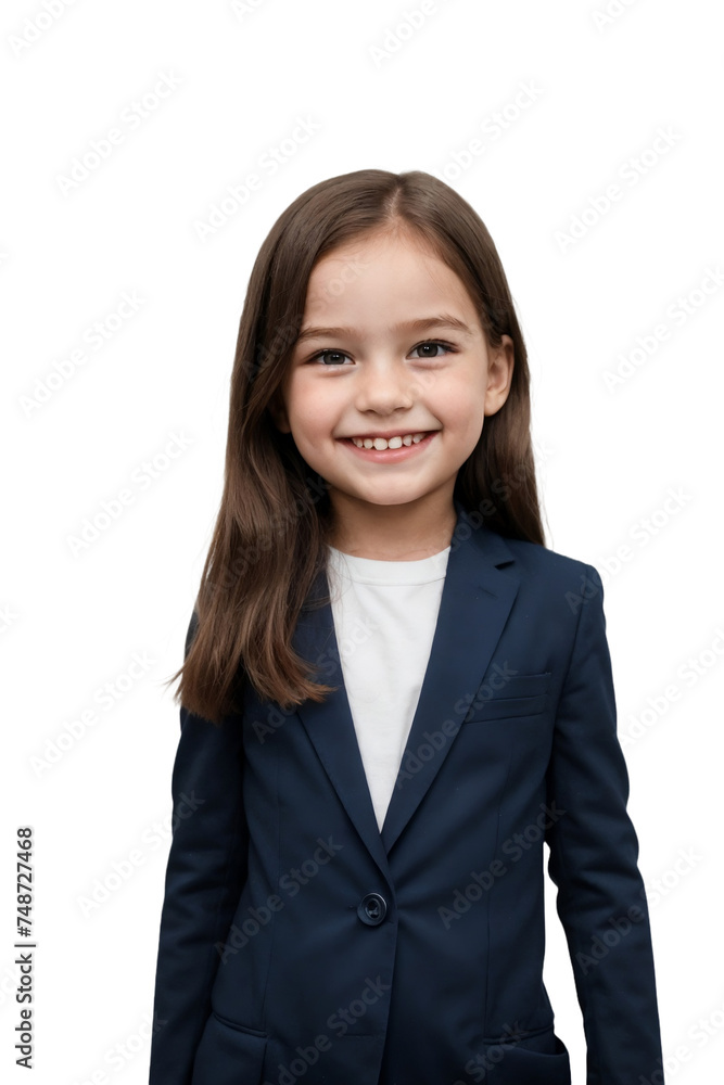 Young girl wearing a dark blue business suit, smiling and looking at the camera, isolated, transparent background, no background. PNG. Young girl wearing a dark blue business suit, smiling and looking at the camera, isolated, transparent background, no background. PNG.