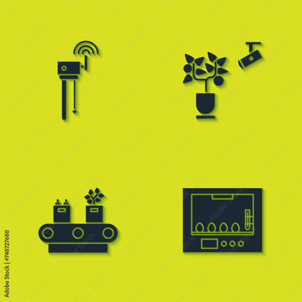 Set Router and wi-fi signal, Incubator for eggs, Conveyor belt with box and Smart farming technology icon. Vector Set Router and wi-fi signal, Incubator for eggs, Conveyor belt with box and Smart farming technology icon. Vector