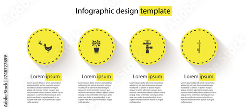 Set Chicken farm and camera, Plant in pot, Automatic irrigation sprinklers and Standalone sensor. Business infographic template. Vector