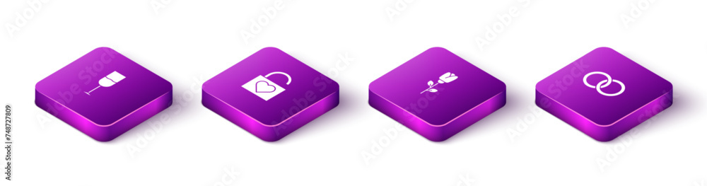 Set Isometric Wine glass, Lock and heart, Flower rose and Wedding rings icon. Vector Set Isometric Wine glass, Lock and heart, Flower rose and Wedding rings icon. Vector