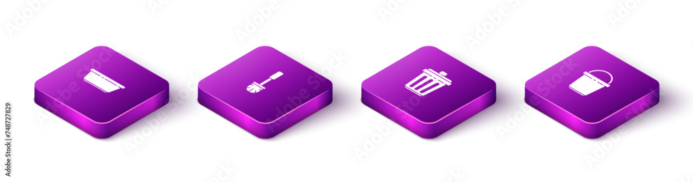 Set Isometric Plastic basin, Toilet brush, Trash can and Bucket icon. Vector Set Isometric Plastic basin, Toilet brush, Trash can and Bucket icon. Vector