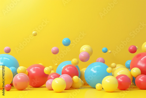 abstract composition with colourful balls, modern yellow background design, 3D rendering