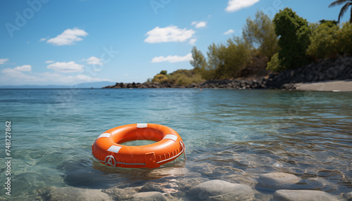 lifebuoy on the background of the beach and sea. lifeguards on the beach.