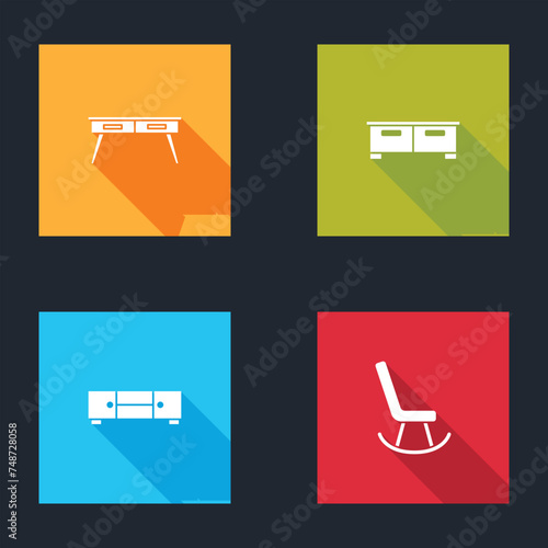 Set Office desk, Chest of drawers, and Armchair icon. Vector