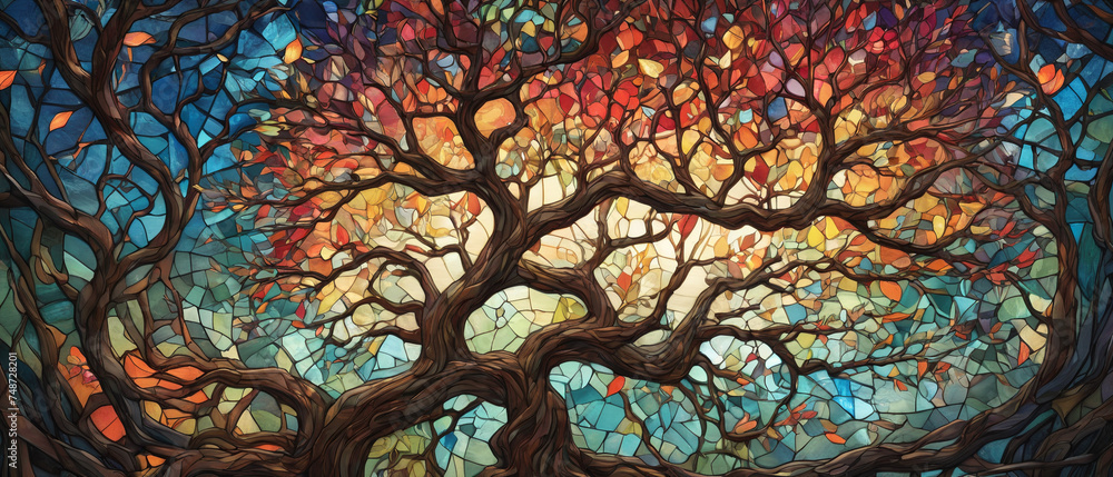 Colorful trees on a stained glass window, generative AI