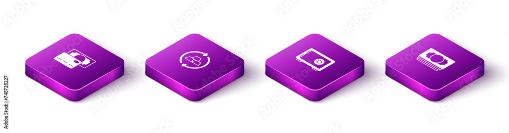 Set Isometric Credit card, Gold bars, Safe and Stacks paper money cash icon. Vector Set Isometric Credit card, Gold bars, Safe and Stacks paper money cash icon. Vector