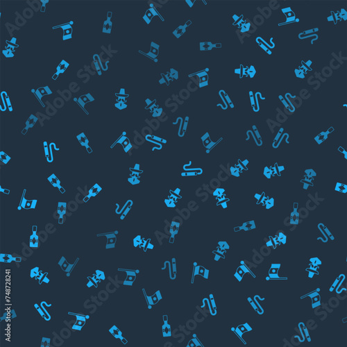 Set Mexico flag, Mexican man sombrero, Cigar and Tabasco sauce on seamless pattern. Vector