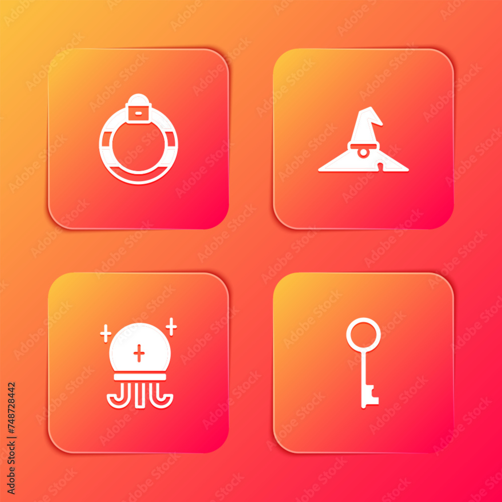 Set Magic stone ring, Witch hat, ball and Old key icon. Vector Set Magic stone ring, Witch hat, ball and Old key icon. Vector