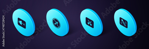 Set Isometric Photo retouching, Music or video editing, Mute microphone and Speaker mute icon. Vector