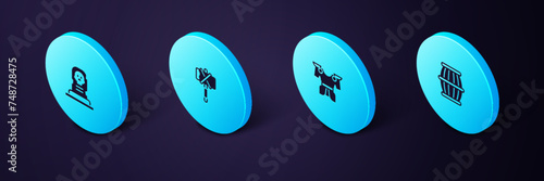 Set Isometric Gun powder barrel, Body armor, Medieval axe and Grave with tombstone icon. Vector