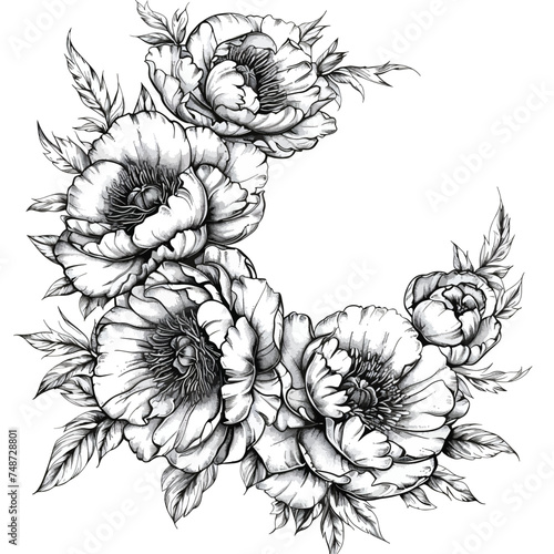 Fototapeta Naklejka Na Ścianę i Meble -  Hand Drawn Dusty Peony Flower Wreath