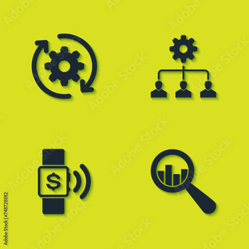 Set Gear and arrows as workflow, Magnifying glass analysis, Contactless payment and Lead management icon. Vector