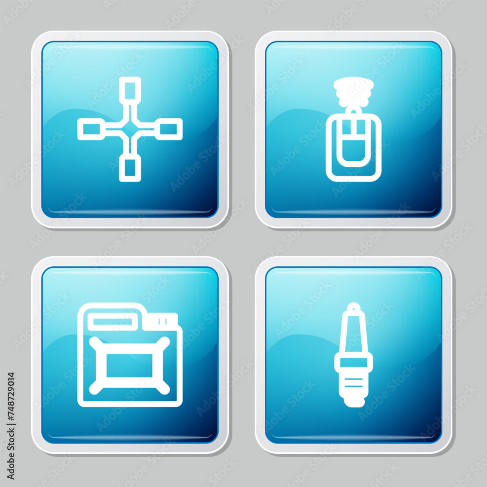 Set line Wheel wrench, Car key with remote, Canister for motor oil and spark plug icon. Vector Set line Wheel wrench, Car key with remote, Canister for motor oil and spark plug icon. Vector