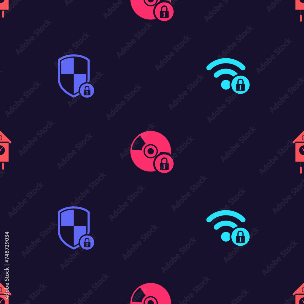 Set Wifi locked, Shield security with, CD or DVD disk and Retro wall watch on seamless pattern. Vector Set Wifi locked, Shield security with, CD or DVD disk and Retro wall watch on seamless pattern. Vector