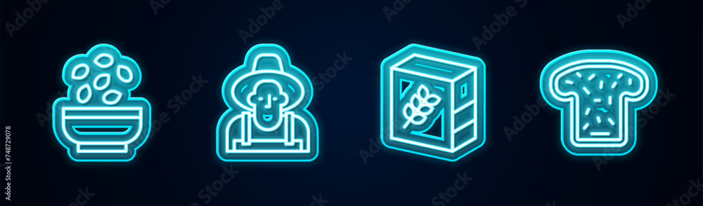 Set line Seeds in bowl, Farmer the hat, Flour pack and Bread toast. Glowing neon icon. Vector Set line Seeds in bowl, Farmer the hat, Flour pack and Bread toast. Glowing neon icon. Vector