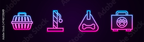 Set line Pet carry case, Cat scratching post, Dog collar and first aid kit. Glowing neon icon. Vector