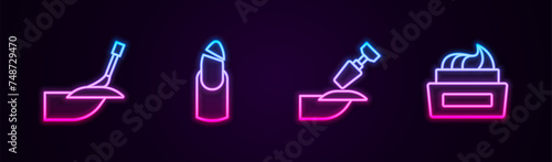 Set line Manicure, Broken nail, Milling cutter for manicure and Bottle of polish. Glowing neon icon. Vector