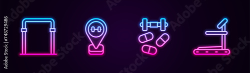 Set line Sport horizontal bar, Location gym, Sports doping with dumbbell and Treadmill machine. Glowing neon icon. Vector