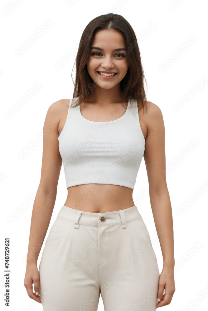Trendy woman wearing a cropped tank top shirt, posing on a transparent background. isolated, transparent background, no background. PNG. Trendy woman wearing a cropped tank top shirt, posing on a transparent background. isolated, transparent background, no background. PNG.