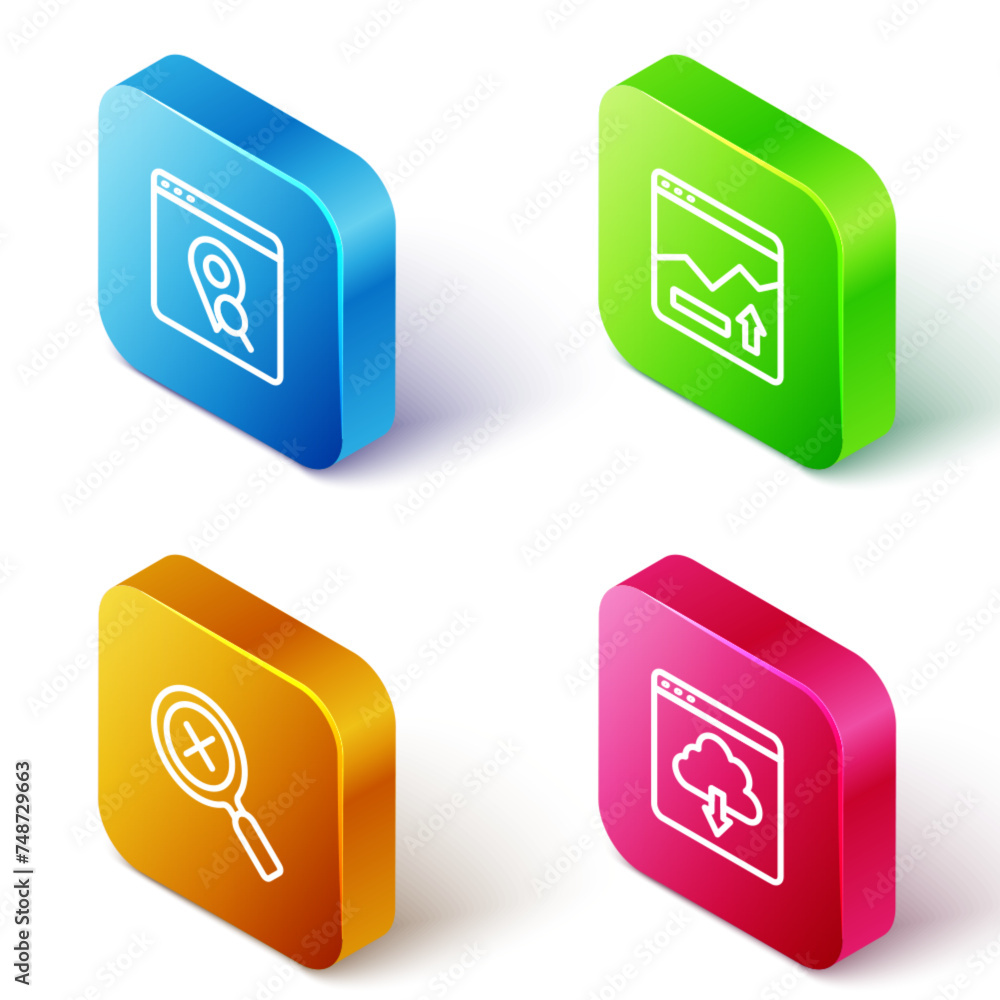 Set Isometric line Infographic of city map, Financial growth increase, Magnifying glass and delete and Cloud download icon. Vector Set Isometric line Infographic of city map, Financial growth increase, Magnifying glass and delete and Cloud download icon. Vector