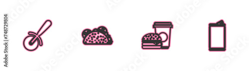 Set line Pizza knife, Coffee and burger, Taco with tortilla and Aluminum can icon. Vector