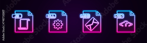 Set line JS file document, DLL, MSG and PHP. Glowing neon icon. Vector