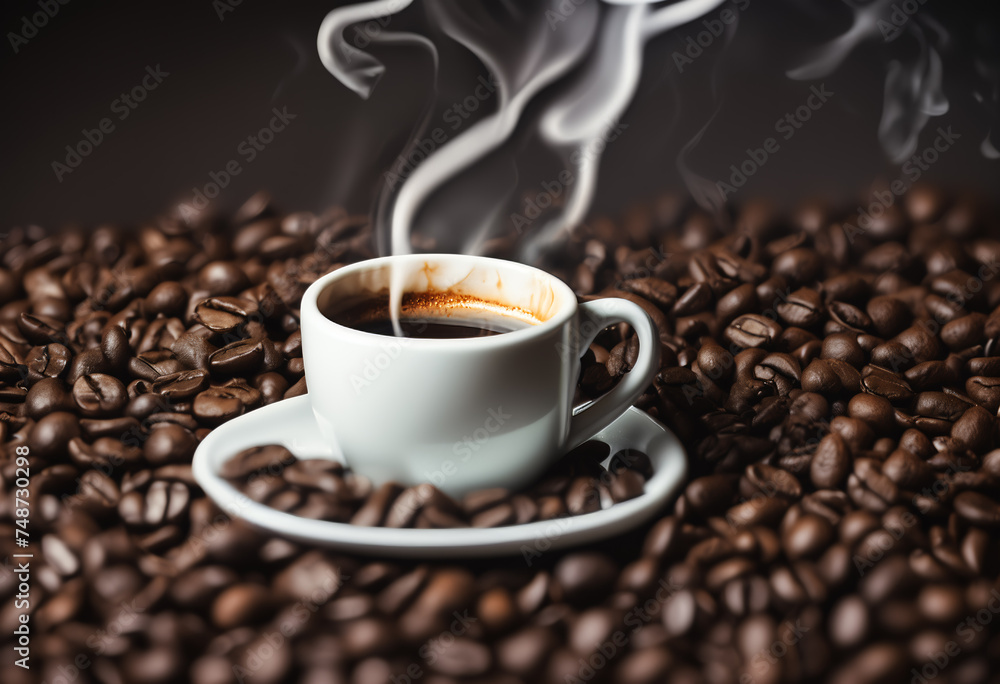 Espresso in White Cup Surrounded by Coffee Beans Espresso in White Cup Surrounded by Coffee Beans