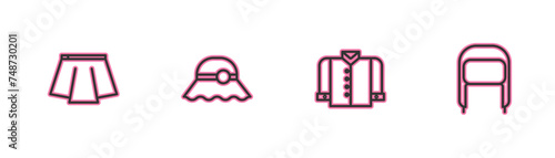 Set line Skirt, T-shirt, Elegant women hat and Winter with ear flaps icon. Vector