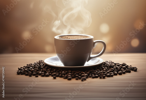 Steaming Coffee Cup with Beans