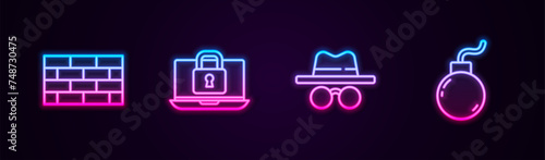 Set line Firewall, security wall, Laptop and lock, Incognito mode and Bomb ready explode. Glowing neon icon. Vector