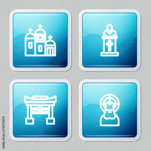 Set line Church building, pastor preaching, Japan Gate and Jesus Christ icon. Vector