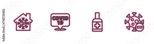 Set line Stay home, Liquid antibacterial soap, Corona virus on location and Negative icon. Vector