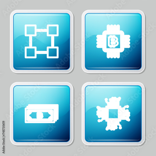 Set line Blockchain technology, CPU mining farm, Cryptocurrency bitcoin and Processor icon. Vector