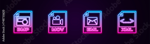 Set line BMP file document, MOV, EML and XML. Glowing neon icon. Vector