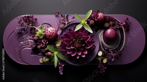 a close up of a purple plate with flowers and fruit on it and a purple plate with flowers and fruit on it. photo