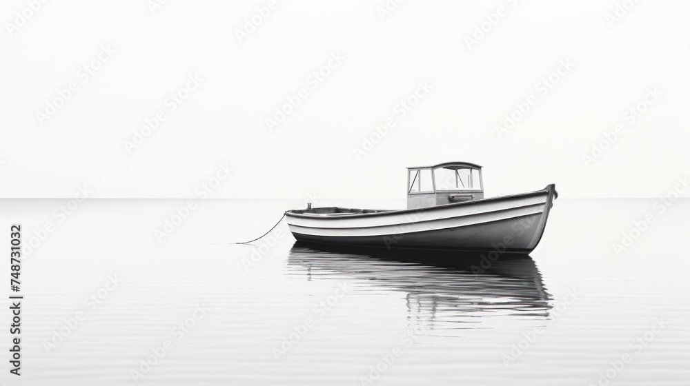 a black and white photo of a boat in the middle of a body of water on a foggy day.